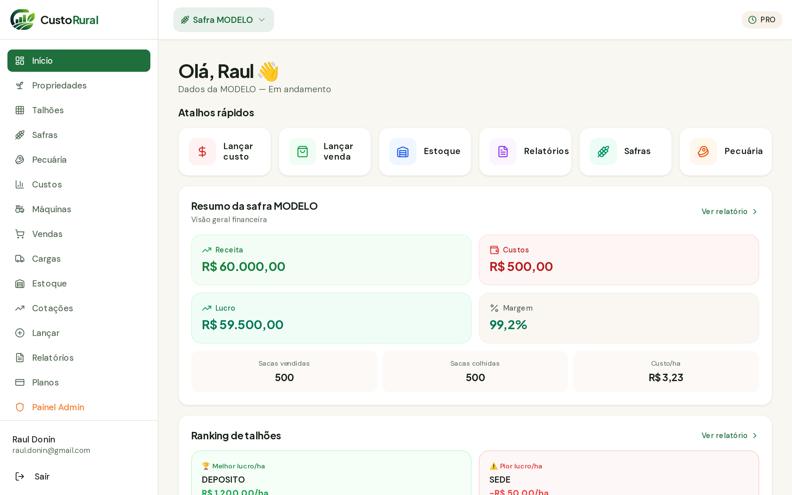 Tela do CustoRural: Cadastre sua propriedade
