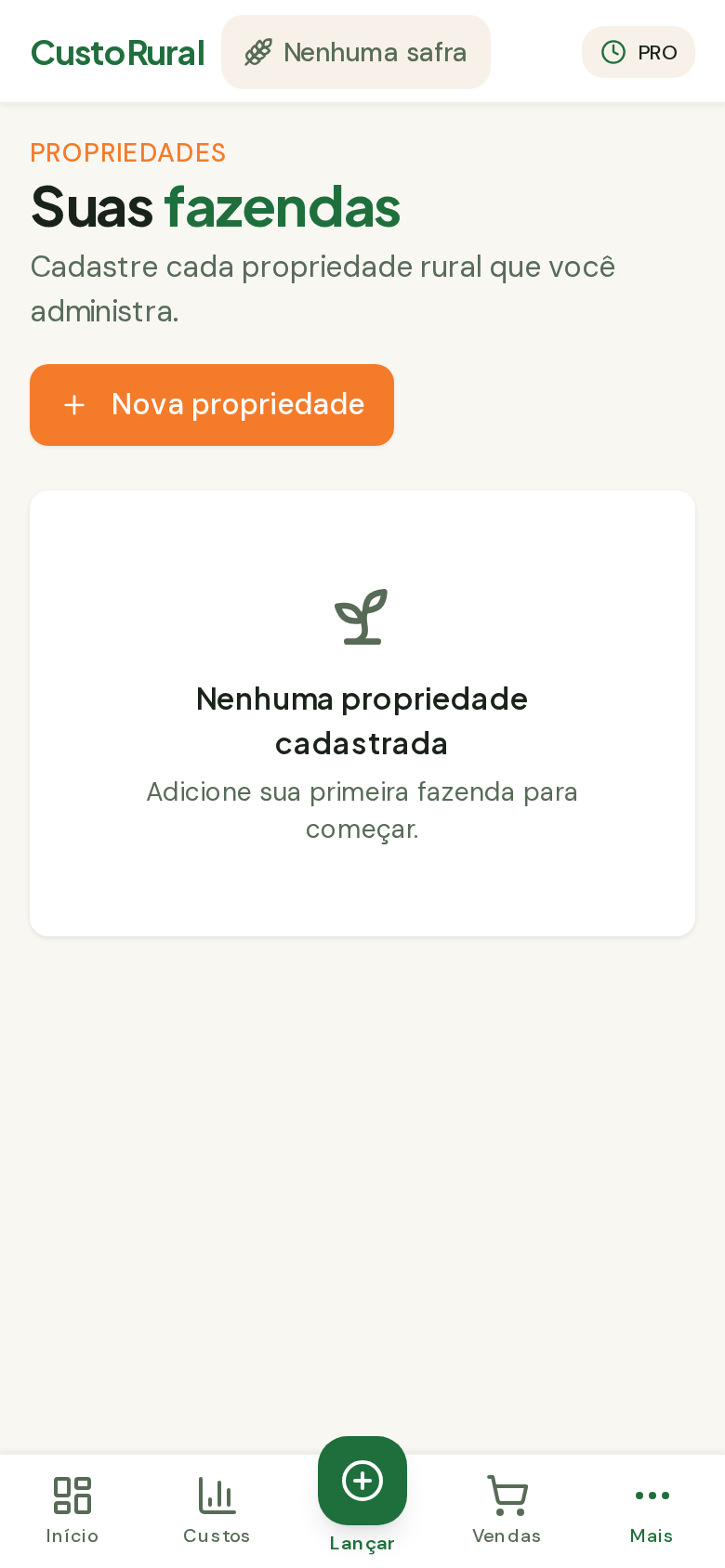 Tela de cadastro de propriedades no celular